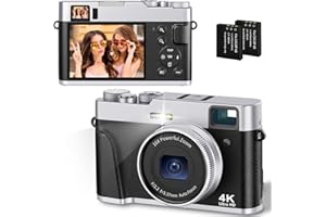 CAMKORY Aparat cyfrowy 4K 48 MP, autofokus, karta optyczna, wizjer optyczny, aparat kompaktowy, aparat cyfrowy, mały, prosta obsługa, 16 x zoom, lampa błyskowa, 2 akumulatory, dla początkujących,