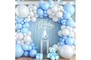 KEPMOV Blue and White Balloon Arch Kit, 100pcs Light Blue White Balloon Garland Kit with Different Sizes Balloons, Baby Blue Pastel Blue White Balloons for Baby Shower Wedding Birthday Party Decorations