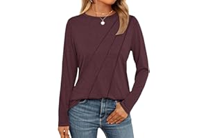 WNEEDU Camiseta Manga Larga Mujer T-Shirt Ligeras de Cuello Redondo Túnicas con Pliegues Informales