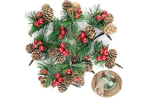 Siqian 10PCS Fake Christmas Holly with Pine Cones, Holly Sprigs, Red Berries for Xmas Crafting, Foliage for Garden, Flower Arrangements Decor