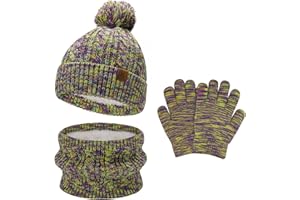 BEQUEMER LADEN Kinder Winter Pompom Mütze Loop Schal Handschuhe Set, Wintermütze Fäustlinge für 0-4 Jahre Baby Kleinkinder, Strickmütze Touchscreen Handschuhe für 5-8 Jahre Mädchen Jungen