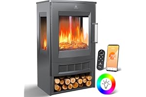 ‎KESSER KESSER® Elektrokamin mit Heizung Panorama-Sichtfenster Heizlüfter 9 LED-Flammeneffekt Farbmodi Fernbedienung WiFi App 900/1800W Kaminfeuer elektrisch mit Thermostat Heizfunktion Timer