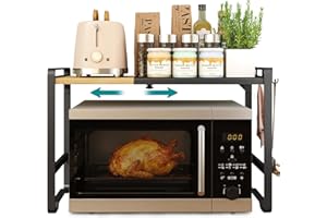 ‎SONGMICS SONGMICS Rozkładana półka do mikrofalówki, stojak na mikrofalówkę, regulowana szerokość 41,5–64 cm, półka na blat kuchenny, stal i bambus, 4 haczyki, atramentowa czerń – naturalny beż KCS060B01