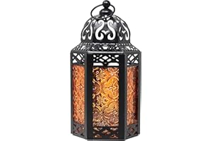 VELA LANTERNS Black Metal Decorative Moroccan Lantern Candle Holder Lamp for Indoor or Outdoor Home Decor, Small, Amber