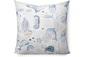 PinkZebra Taie d'oreiller pour Enfant - 80 x 80 cm - 100% Coton - Certifié Öko-Tex Standard 100 - Housse pour Enfant avec Fermeture éclair - Animaux Marins