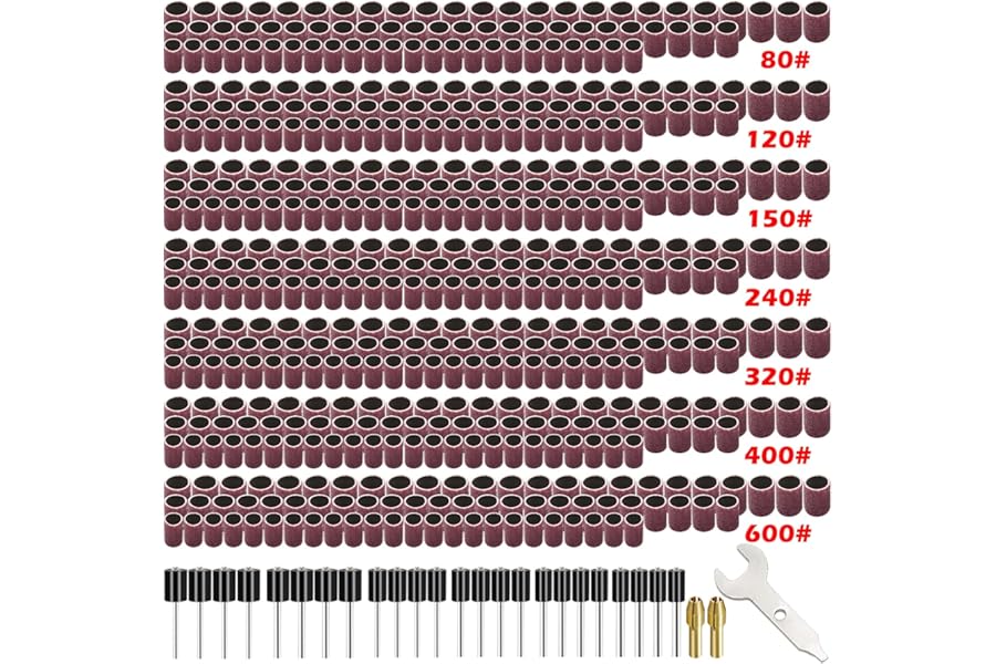 mxuteuk 552Pcs Sanding Drum Set, 525 Pcs 80 120 150 240 320 400 600 Grit Drum Sander Sleeves and 24 Pcs Drum Mandrels,2 Pcs Self-Tightening Drill Chuck and Combination Wrench for Dremel Rotary Tool