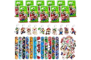 CLVSYH 82Pz Ma-rio Set di Bomboniere per Feste di Compleanno per Bambini, Braccialetti Slap, Portachiavi, Sacchetti Regalo, Adesivi, Ma-rio Bros Braccialetto a Scatto per Accessori per Feste per Bambini