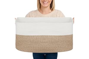 Toemics Large Cotton Rope Storage Basket with Handle 65L Soft Laundry Hamper for Blanket, Pillow, Toy, Clothes Collapsible Woven Basket for Bedroom, Living Room, Nursery, 55x38x30cm (White and Brown)