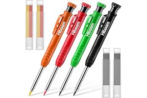 Hiboom Solide Zimmermannsbleistifte mit Eingebautem Spitzer 4 Stück Bunt Druckbleistift Set mit 24 Stück Minen Holzbearbeitung Tiefloch Schreiber Werkzeuge (Schwarz, Grün, Rot, Orange)
