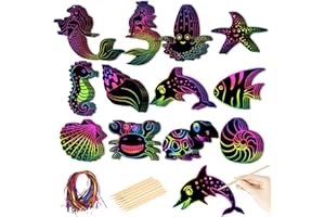 JEIIBRZUI 48 pcs Meerjungfrau Kratzbilder mit Holzstiften,Meereslebewesen Tier Dinosaurier Kratzpapier Scratch Art Bastelset Meereslebewesen Tier Dinosaurier für Kindergeburtstag Gastgeschenke
