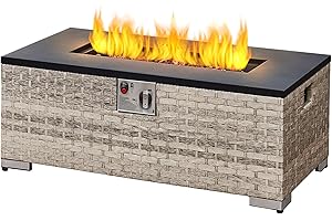 AWEATHER Outdoor Rattan Gas Fire Pit Table, 12KW Rectangle Propane Fire Pit with Lid & Lave Stone for Garden, Patio, Deck