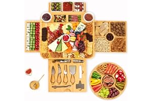 BEAUTLOHAS. Bambusowa deska do sera, deska do sera z zestawem noży do sera, deska do serwowania, kiełbasy, zestaw talerzy na wino, krakersy, brie i mięso, prezent na parapetówkę, Boże Narodzenie, dożynki