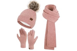 BEQUEMER LADEN Donna Inverno Beanie Cappello Lunga Sciarpa Touch Screen Guanti Set Maglia Pompom Berretto con Fodera in Pile