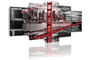 DekoArte 278 - Impression Sur Toile Moderne D'Images Artistiques Numérisées | Toile Décorative Pour Votre Salon Ou Votre Chambre | Style Villes USA Golden Gate Blanc Noir Rouge | 5 Pièces 200 x 100cm