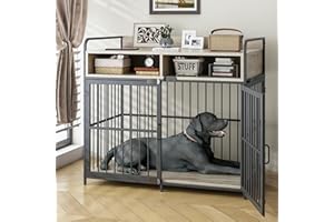 COINTWO Large Dog Crate Furniture with Drawer Storage | Large Indoor Wood Dog Kennel | Heavy Duty Metal Dog Cage Table | 103×60×80CM - Rustic Grey