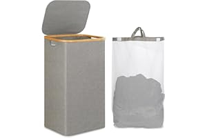 TIAZHAN Cesto portabiancheria grande da 100 l, 40,5 x 33 x 75 cm, con coperchio, impermeabile, autoportante, alto, pieghevole, per camere da letto, lavanderia, bagno, grigio