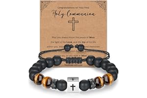 ilasif Stainless Steel Bead Woven Bracelet for Men, Cross Bracelet with 8mm Hematite for Boys Son Husband Christian Gifts for Holy Communion Baptism Confirmation Birthday Christmas