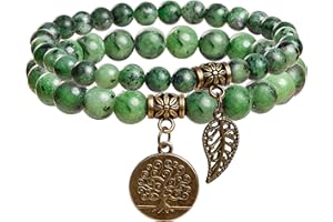 Farfume Chakra Bracelet En Pierre Naturelle - Bracelet Perles Naturelles Femme-Ensemble De Deux Bracelets Avec Accessoires Arbre De Vie Et Feuille
