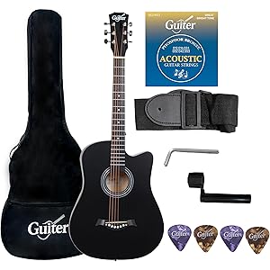 Guiter OTG 38-inch Acoustic Guitar Starter Kit, Black, 6-String Semi-Acoustic with Linden Wood Body, Rosewood Fretboard, Steel Strings, With Truss Rod And Accessories