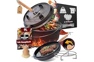 ‎GUSSKÖNIG GUSSKÖNIG Dutch Oven Set-Eingebrannter Dutch Oven 9L [6-10 Person]-Feuertopf Gusseisen ohne Füßen-Schmortopf Doppelfunktion-2in1 Deckelheber,Untersetzer,Bürste,DutchOven Rezeptbuch-30 Jahre Garantie