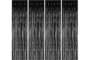 JINSION 4 Piezas Cortina Fiesta, 1m x 2m Cortina de Oropel Noir, Cortinas Decoracion Fiesta, Cortinas de Espumillón Metálicas, Cortina Cumpleaños Negro para Decoración de Cumpleaños, Fiesta, Carnaval, Navidad