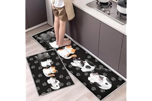 ‎HOIMLM Hoimlm Kitchen Rugs, Set of 2, Non-Slip Kitchen Mats, Water and Oil Absorb, Kitchen Mats, Doormat Carpet Set, Dustproof Doormat for Indoor Use (40 x 60 + 40 x 120 cm, Kitten)