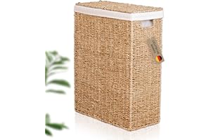 Lycce Kosz na pranie wąski 50 l | oszczędzający miejsce kosz na pranie z pokrywką, pleciony kosz na pranie z trawą morską z uchwytem, niszowy kosz na pranie z workiem na pranie, pojemniki