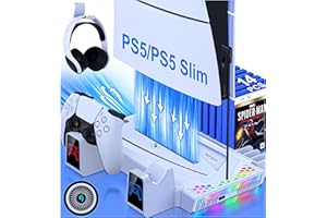 HELLCOOL Soporte para PS5 Slim/PS5, Base para PS5 Disc/Edición Digital con Ventilador Refrigeración/Luces RGB/Mandos de Recarga Doble/Soporte para Auriculares/15 Ranuras de Juego