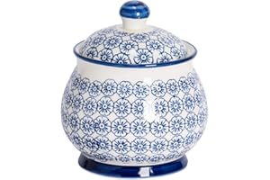 Nicola Spring Sucrier à motifs avec couvercle - Bleu marine - Lot de 1 - Pot à sucre en porcelaine imprimé à la main, pot à sel de cuisine en porcelaine, récipient de stockage d'épices