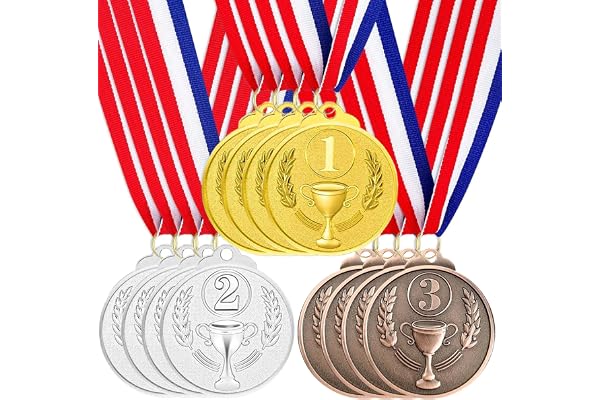 Santme 12 Pièces Médaille de Récompense, Médaille d'or Médaille d'argent Médaille de Bronze avec Rubans de Cou pour pour Le Sport, Les Compétitions, Style Olympique Diamètre env. 5,0 cm