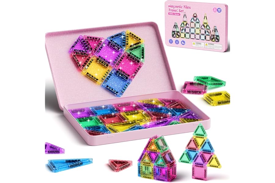 42 Pcs Magnetic Travel Glitter Travel Tiles Set for Kids, Mint, Magnetic Tiles with Iron Base, Magnetic Building Bricks, Travel Toy, Gift for 3
