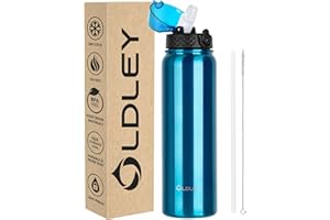 OLDLEY 1L Botella Agua Acero Inoxidable con Pajita, Aislado al Vacío Botellas Agua Metal Prueba de Fugas, Mantiene las Bebidas Calientes y Frías para Bicicleta, Camping, Deportes, Mujeres, Hombres