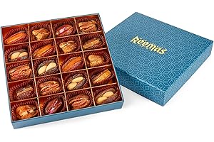 REEMAS GOURMET Dates Stuffed Dried Fruit & Nuts (Hazelnut Pecan Cashew Orange Ginger) 20 Pcs- All Natural Celebration Gift Box- Healthy Sweet- Vegan Premium Medjool Mabroom