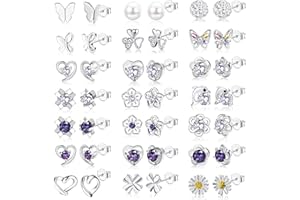 KALVICA 18/21 Pairs Silver Stud Earrings for Women Girls Cute Butterfly Heart Daisy Flower Silver Studs Cubic Zirconia Hypoallergenic Silver Earrings Cartilage Earrings Sets for Multiple Piercings