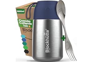 Blockhütte Termo Comida Caliente de acero inox I 1L I Con Cepillo y Cuchara - Termo para Comida Caliente até 14 h - Fiambrera Termica para adultos y niños - Recipientes Termicos – azul