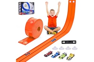 HSMIHAIR 4.5m Flexible Race Car Track for Kids, Double-Sided Racetrack and Dual Racetrack,Compatible with 1:64 Diecast Cars, Portable Roll Up Track Toy for 3 4 5 6 7 8 Year Old Boys (Orange)