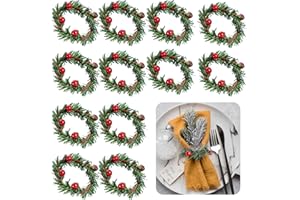 PEOVLVN 12 Pcs Christmas Napkin Rings, Napkin Rings Set of 12 Christmas Wreath with Red Berry Napkin Holder for Winter Christmas Thanksgiving Party Dinner Table Setting Decoration