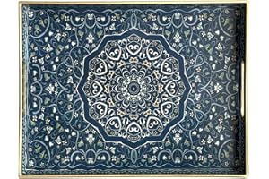 Simmer Stone Rechteckiges dekoratives Tablett aus Kunststoff mit Griffen, modernes Serviertablett für Ottomane, Couchtisch, Küche und Bad, 40 x 30 cm, Blau