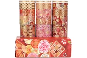 LGEGE Juego de 15 rollos de Washi Tape cinta dorado y rojo, 30/20/15/5 mm de ancho, estampado floral foli dorado, decoración japonesa de cinta adhesiva para álbumes de recortes, diario bala (2 m)
