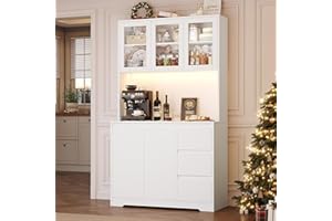 FirFurd Credenza Cucina, Credenza Alta con Luci a LED e Prese, Mobile Buffet con Cassetti e Armadi, Ripiani Regolabili, per Cucina, Soggiorno, Studio180x100x38,5cm (Bianco)