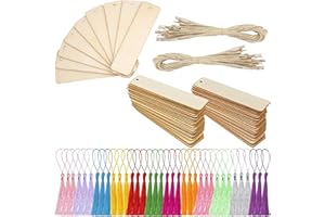 BetterJonny 204Piezas Marcapáginas de Madera en Blanco Kit, Marcadores de Libros con Agujeros 72 Etiqueta de Marcadores de Bricolaje 60 Mini Borlas y 72 Cuerdas de Cáñamo para Bricolaje Decoración