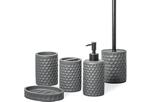 zccz Bathroom Accessories Set 5 Pcs - Soap Dispenser, Toilet Brush Holder, Toothbrush Holder, Bathroom Tumbler, Soap Dish - Vintage Bathroom Accessory Set Decor Countertop Vanity Organizer, Cool Grey