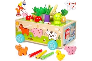 SACBRZZ Juguetes Montessori 1 Años, 6 En 1 Juegos Educativos Madera, Juguete Bebés Safari De Caja Actividades De Motricidad Fina con Juego De Pesca, Juegos Montessori 1 Año Regalo Ideal para Niños De 1 2 3