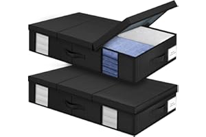 Eurhomewit Unterbett Aufbewahrungsbox, Faltbar Unterbett Aufbewahrung, 2 Stück Unterbettkommode mit Fenstern und 3 Griffen, Bettkasten Aufbewahrung für Kleidung/Decke, Unterbettbox mit Deckel-Schwarz