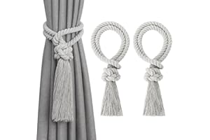 Pretty Jolly 2 Pack Natural Cotton Rope Tassel Curtain Tiebacks Boho Home Decor Drape Tie Backs Hand Woven Ball Curtain Holdbacks for Thin & Thick Home & Office Window Draperies (Light Grey)