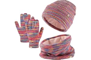 BAYNETIN Gorro de Punto Térmico Guantes y Bufanda, Niños Niñas de Cálido Bufanda Guantes Pantalla Táctil Punto Sombreros con Pompon Set para 5-12 Años Deportes al Aire Libre Invierno Regalo
