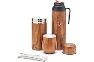 BALIBETOV Komplettes Yerba Mate Set – Mate Gourd, Isolierflasche, Yerba Behälter, zwei Bombillas und Reinigungsbürste im Lieferumfang enthalten – Alle Premium Qualität 304 18/8 Edelstahl (Holz)