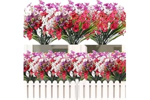 ALAGIRLS 12 Bundles Artificial Flowers Outdoor UV Resistant Plants for Garden, Plastic Fake Plants Silk Flowers for Decoration Indoors, Faux Flowers for Graves in Pots Evergreen, Yellow White Purple