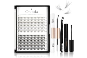 Oreola Kit de faux cils individuels naturels, 0.07D 8-14mm Cluster de cils 228Pcs, Bond&Seal, dissolvant, pince à cils, Pack mixte de cils simples 10D + 20D Extensions de cils DIY à la maison