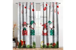 Kzzfqxb 117x138cm Rod Pocket Curtains 2 Panels, Christmas New Year Snowflakes Gifts Santa Claus Dwarves Cartoon Light Filtering Window Drapes, Merry Festive Decoration for Living Room Kids Bedroom